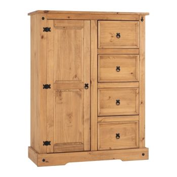 Corona 1 Door 4 Drawer Low Wardrobe - L46 x W110 x H145 cm - Distressed Waxed Pine