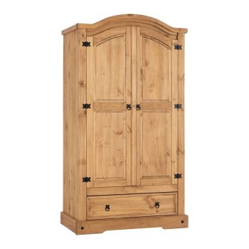 Corona 2 Door 1 Drawer Wardrobe - L56.5 x W103.5 x H189 cm - Distressed Waxed Pine