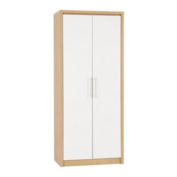 Seville 2 Door Wardrobe - L47 x W76 x H180 cm - White High Gloss/Light Oak Effect Veneer