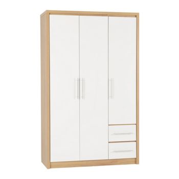 Seville 3 Door 2 Drawer Wardrobe - L47 x W111 x H180 cm - White High Gloss/Light Oak Effect Veneer