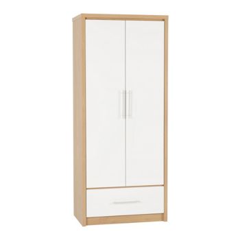 Seville 2 Door 1 Drawer Wardrobe - L47 x W76 x H180 cm - White High Gloss/Light Oak Effect Veneer