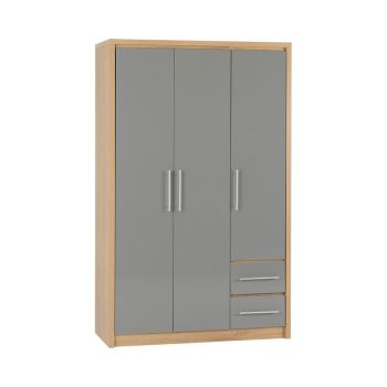 Seville 3 Door 2 Drawer Wardrobe - L47 x W111 x H180 cm - Grey High Gloss/Light Oak Effect Veneer