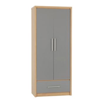 Seville 2 Door 1 Drawer Wardrobe - L47 x W76 x H180 cm - Grey High Gloss/Light Oak Effect Veneer