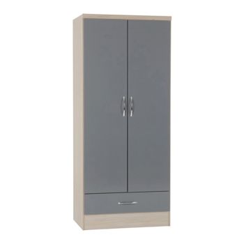 Nevada 2 Door 1 Drawer Wardrobe - L52 x W78 x H182.5 cm - Grey Gloss/Light Oak Effect Veneer