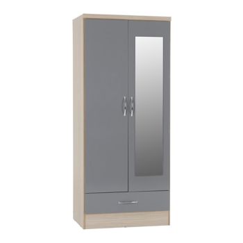 Nevada Mirrored 2 Door 1 Drawer Wardrobe - L52 x W78 x H182.5 cm - Grey Gloss/Light Oak Effect Veneer