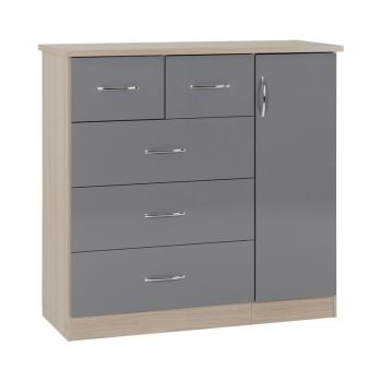 Nevada 5 Drawer Low Wardrobe - L46 x W117 x H115 cm - Grey Gloss/Light Oak Effect Veneer