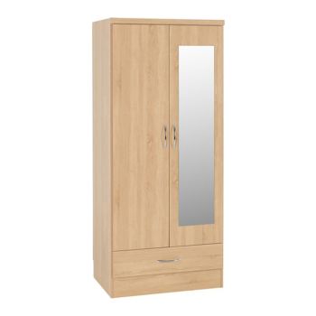 Nevada Mirrored 2 Door 1 Drawer Wardrobe - L52 x W78 x H182.5 cm - Sonoma Oak Effect