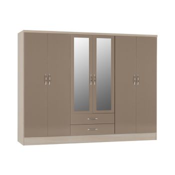 Nevada 6 Door 2 Drawer Mirrored Wardrobe - L52 x W230 x H182.5 cm - Oyster Gloss/Light Oak Effect Veneer