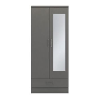 Nevada Mirrored 2 Door 1 Drawer Wardrobe - L52 x W78 x H182.5 cm - 3D Effect Grey