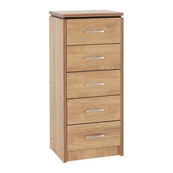 Charles 5 Drawer Narrow Chest - L40 x W50 x H116.5 cm - Oak Effect Veneer with Walnut Trim