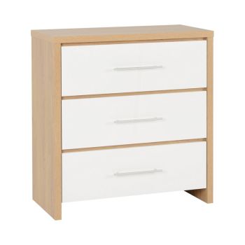 Seville 3 Drawer Chest - L39 x W80 x H86 cm - White High Gloss/Light Oak Effect Veneer