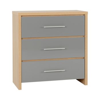 Seville 3 Drawer Chest - L39 x W80 x H86 cm - Grey High Gloss/Light Oak Effect Veneer