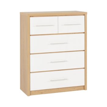 Seville 3+2 Drawer Chest - L39.5 x W85 x H110.5 cm - White High Gloss/Light Oak Effect Veneer