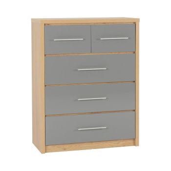 Seville 3+2 Drawer Chest - L39.5 x W85 x H110.5 cm - Grey High Gloss/Light Oak Effect Veneer