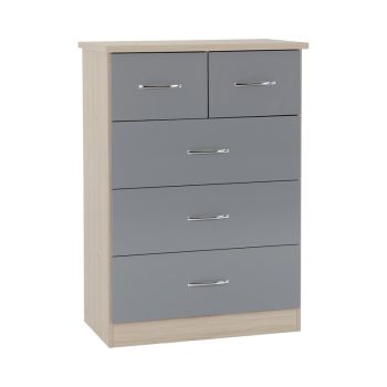 Nevada 3+2 Drawer Chest - L46 x W81 x H115.5 cm - Grey Gloss/Light Oak Effect Veneer
