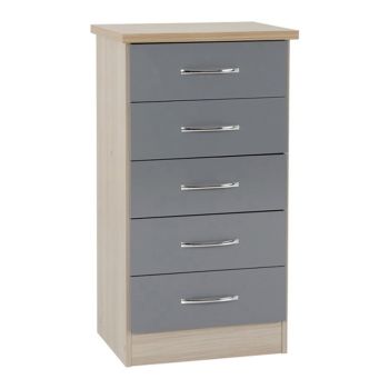Nevada 5 Drawer Narrow Chest - L40 x W50 x H93 cm - Grey Gloss/Light Oak Effect Veneer