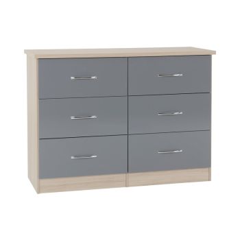 Nevada 6 Drawer Chest - L46 x W120 x H89.5 cm - Grey Gloss/Light Oak Effect Veneer