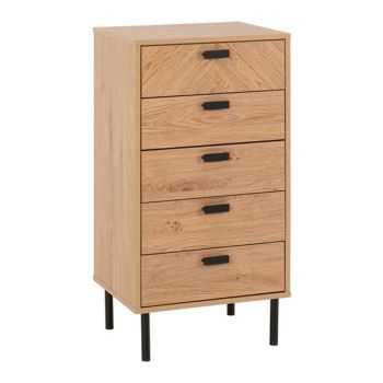Leon 5 Drawer Narrow Chest - L40 x W48.5 x H93.5 cm - Medium Oak Effect