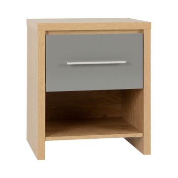 Seville 1 Drawer Bedside - L39 x W47 x H56 cm - Grey High Gloss/Light Oak Effect Veneer
