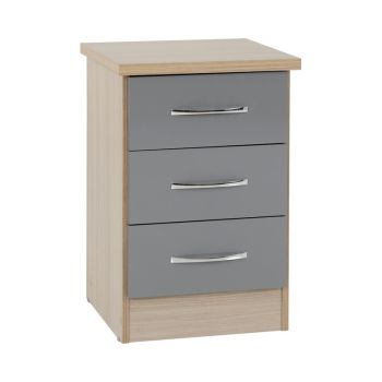 Nevada 3 Drawer Bedside - L40 x W40 x H61 cm - Grey Gloss/Light Oak Effect Veneer