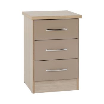 Nevada 3 Drawer Bedside - L40 x W40 x H61 cm - Oyster Gloss/Light Oak Effect Veneer