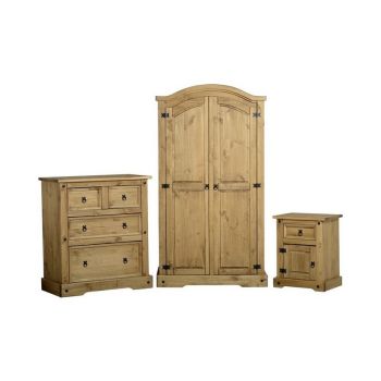 Corona Trio Bedroom Set - L56.5 x W103.5 x H189 cm - Distressed Waxed Pine