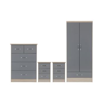 Nevada 2 Door 1 Drawer Wardrobe Bedroom Set - Grey Gloss/Light Oak Effect Veneer