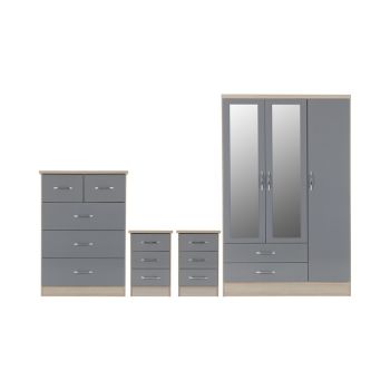 Nevada 3 Door 2 Drawer Mirrored Wardrobe Bedroom Set - Grey Gloss/Light Oak Effect Veneer