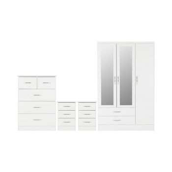 Nevada 3 Door 2 Drawer Mirrored Wardrobe Bedroom Set - White Gloss