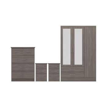 Nevada 3 Door 2 Drawer Mirrored Wardrobe Bedroom Set - Black Wood Grain