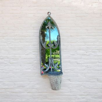 Rusty Wall Mirror with Single Planter - Distressed Metal - L15 x W20 x H65 cm