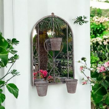 Wall Mirror with Triple Planter for Garden Decor - Distressed Metal - L15 x W45 x H78 cm