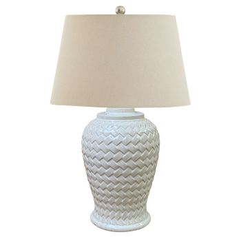 Woven Table Lamp with Linen Shade - Ceramic - L40 x W40 x H70 cm - White