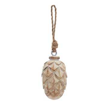 Antique White Wash Small Pine Cone Bauble - Wood - L6 x W6 x H10 cm - Brown