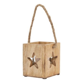 Natural Wooden Small Star Tealight Candle Holder - Glass - L10 x W10 x H10 cm - Brown