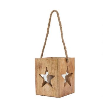 Natural Wooden Large Star Tealight Candle Holder - Glass - L16 x W16 x H19 cm - Brown