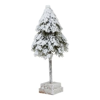 Small Snowy Cedar Tree on Wood Block - Plastic - Height 30 cm - Brown