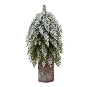 Small Snowy Fir Tree on Tall Wood Log - Plastic - Height 30 cm - Brown