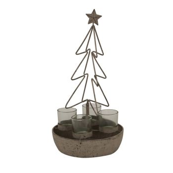 Rustic Outline Tree and Star with Four Glass Votives - Metal - L19 x W19 x H37 cm - Antique Bronze