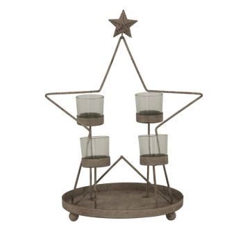 Rustic Outline Star with Four Glass Votives - Metal - L22 x W28 x H38 cm - Antique Bronze