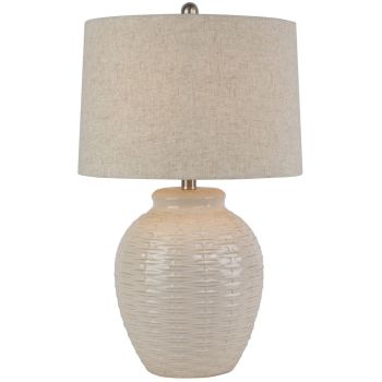 Basketweave Table Lamp with Linen Shade - Ceramic - L38 x W38 x H63 cm - White