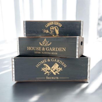 Rustic Vintage Garden Display Planters (Set of 3) - Wood - Black