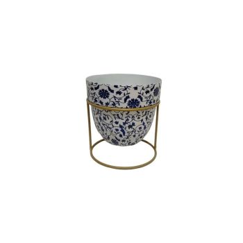 Decorative Planter in Stand - Iron - L13 x W13 x H13 cm - White/Blue