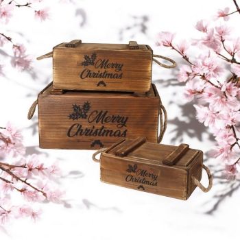 Crates with Lids Rope Handles (Set of 3) - Wood