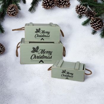Crates with Lids Rope Han (Set of 3) - Wood - Rustic Green