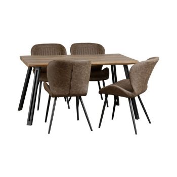 Quebec Wave Edge Dining Set - Medium Oak Effect/Black/Brown Faux Leather