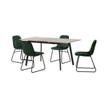 Avery Extending Dining Set with Lukas Chairs - Concrete/Grey Oak Effect/Black/Emerald Green Velvet