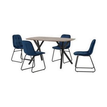 Athens Rectangular Dining Set with Lukas Chairs - Medium Oak Effect/Black/Sapphire Blue Velvet