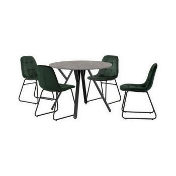 Athens Round Dining Set with Lukas Chairs - Concrete Effect/Black/Emerald Green Velvet