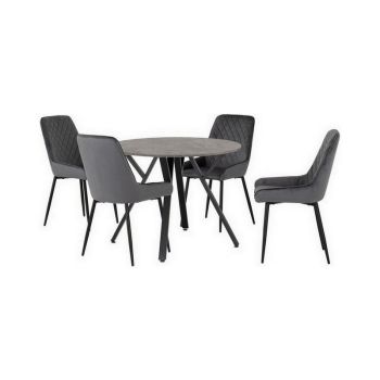 Athens Round Dining Set with Avery Chairs - Concrete Effect/Black/Grey Velvet